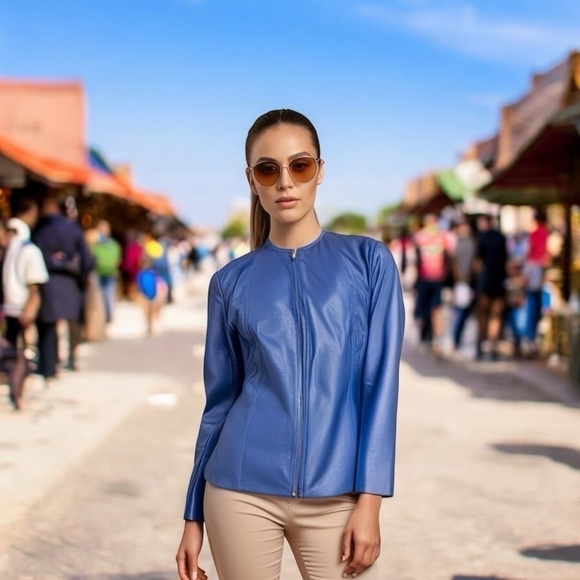 Newport News Jackets & Blazers - Women’s Jacket Vintage NEWPORT NEWS Blue Leather Jacket Zip Up Motorcycle Jacket